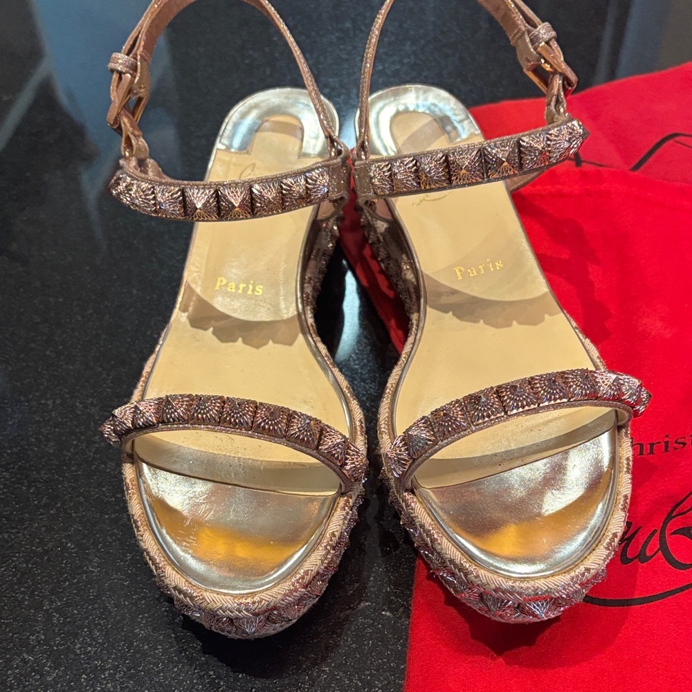Authentic Christian Louboutin, Sandals - Metallic Gold and Tan